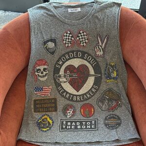 Lauren Moshi Gray Muscle Tank with Heart & Patch Graphics